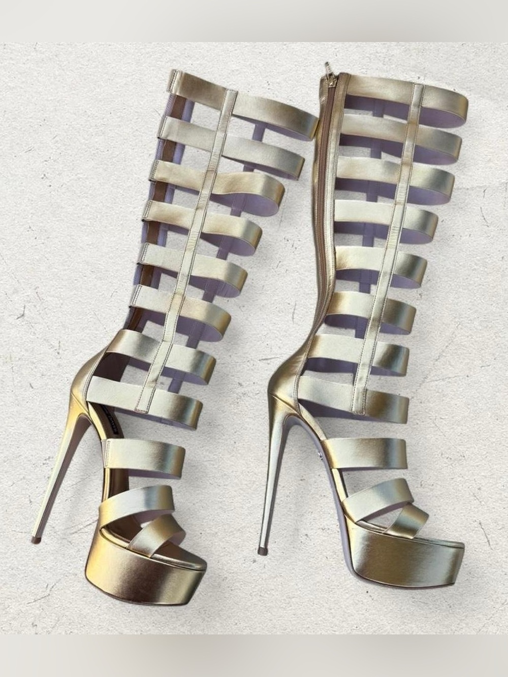 Ruthie Davis ‘Courtney’ Gold Metallic Strappy Gladiator Platform Boots- US 7